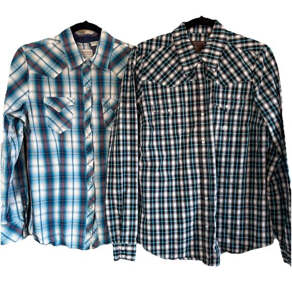 Set of 2 Roper Women’s Blue Plaid Pearl Snap Long Sleeve Western Shirts Large - Picture 1 of 16